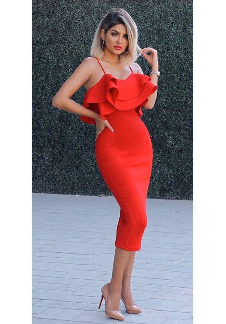 Kırmızı ip askılı tasarım kalem elbise