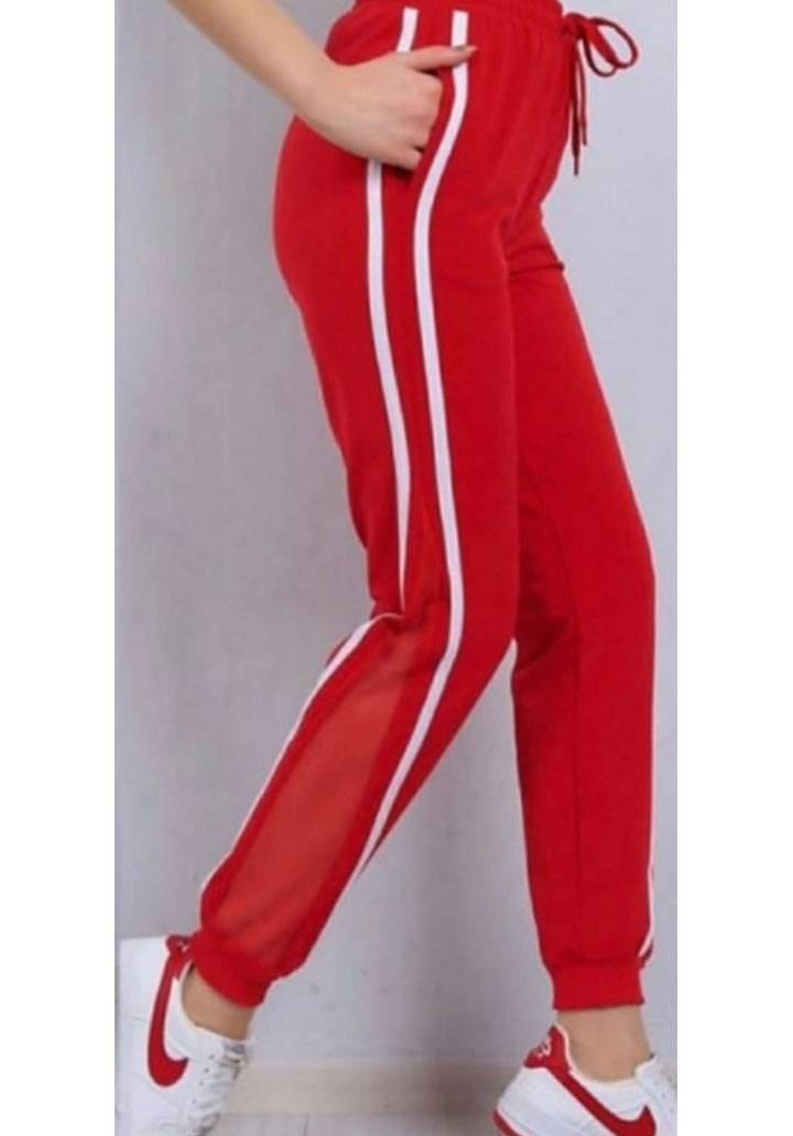 Kırmızı yanı şeritli tül detay pantalon