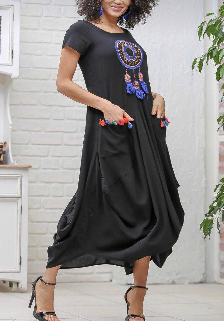 Siyah dream catcher nakışlı cepli asimetrik elbise