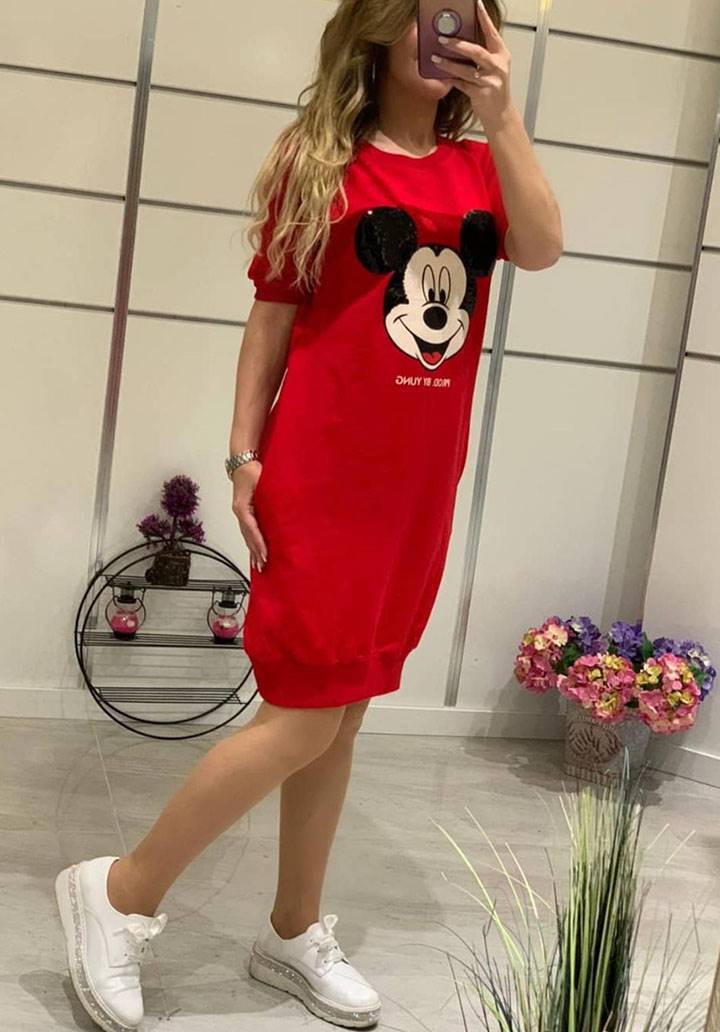 Mickey payetli cepli spor elbise(kırmızı) - 1