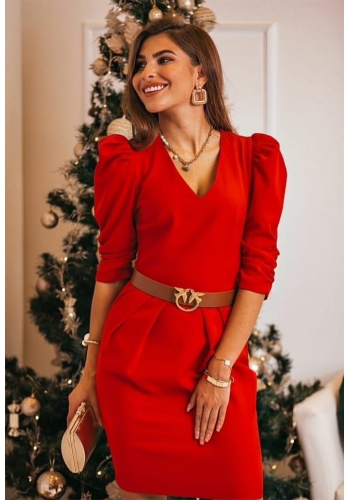 V Yaka Poplin Omuz Crep Elbise (Kırmızı)