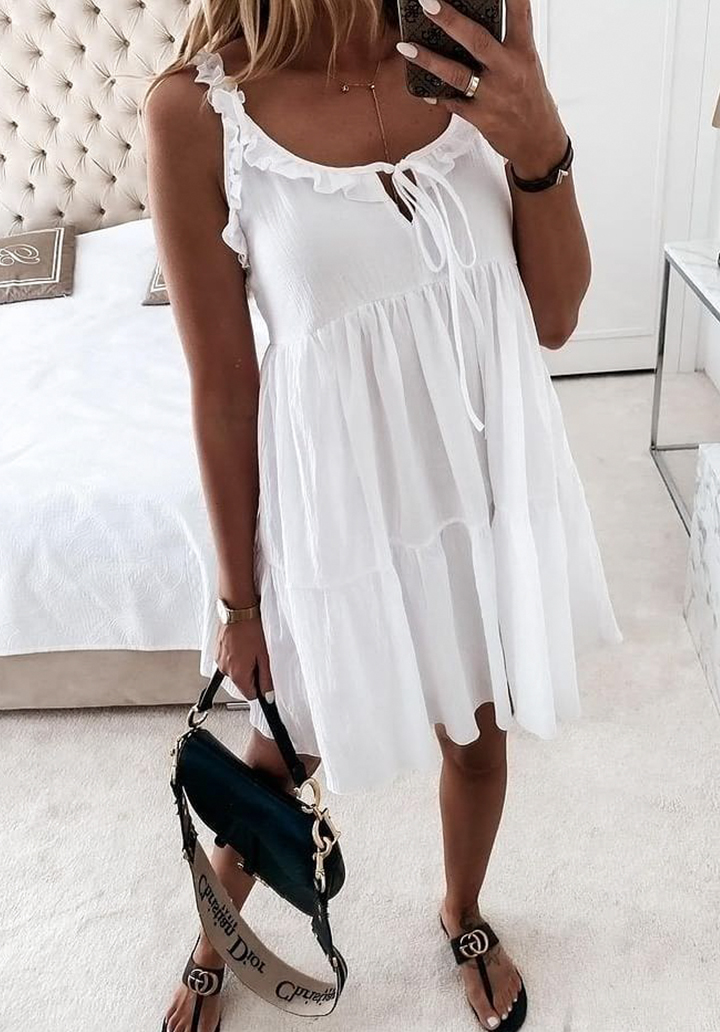 Yakası Fırfırlı Astarlı Zara Elbise (Beyaz)