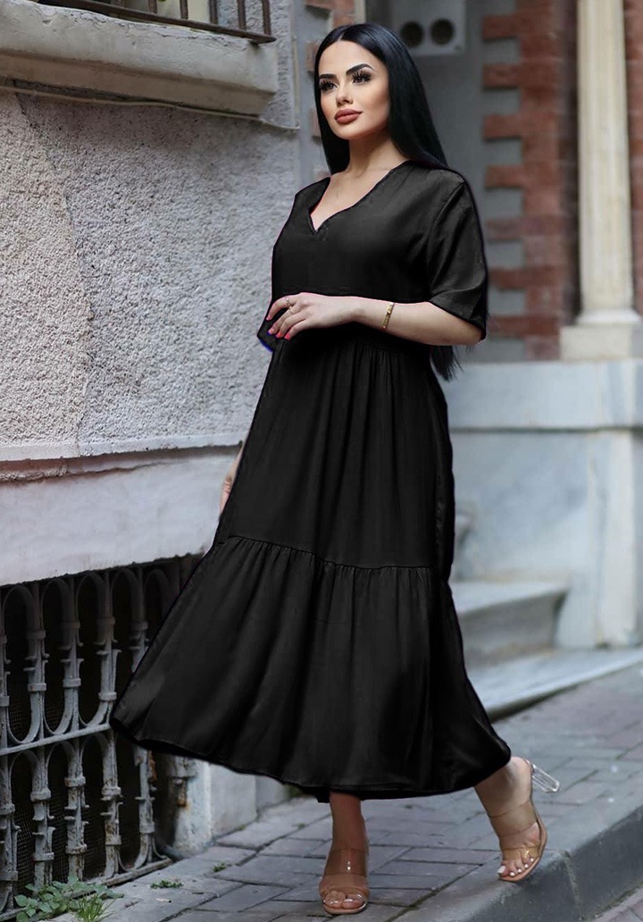 V Yaka Parçalı Kloş Elbise (Siyah)