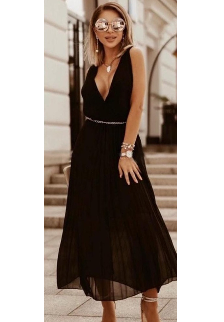 Eteği Pliseli Şifon Astarlı Kemerli Elbise (Siyah)