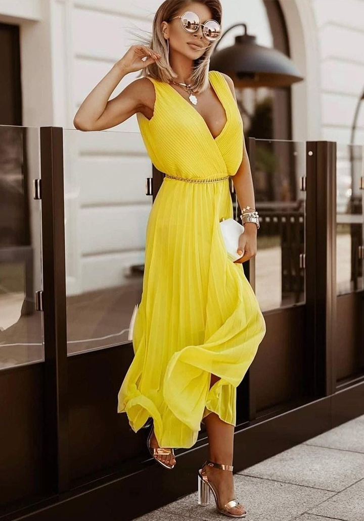 Eteği Pliseli Şifon Astarlı Kemerli Elbise (Sarı)