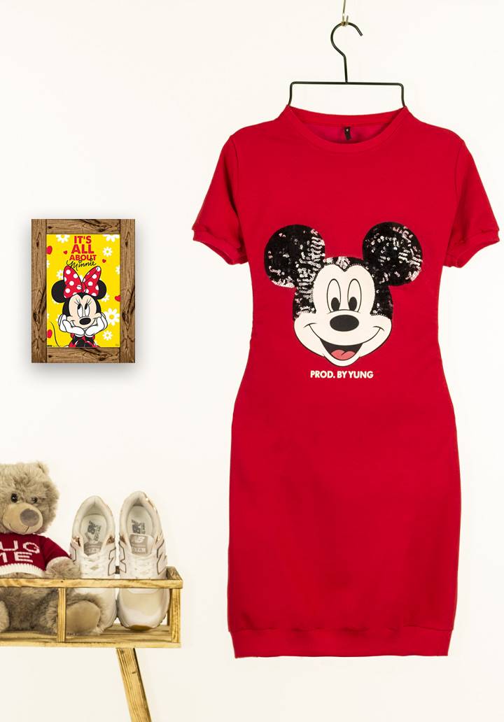 Mickey payetli cepli spor elbise(kırmızı) - 2