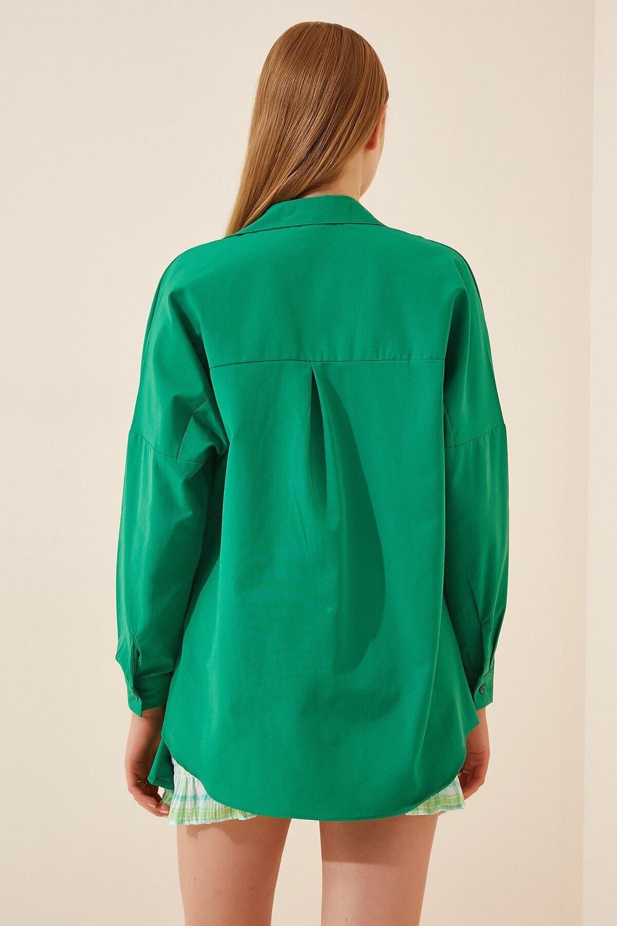 Oversize Uzun Basic Gömlek (Yeşil) - 2