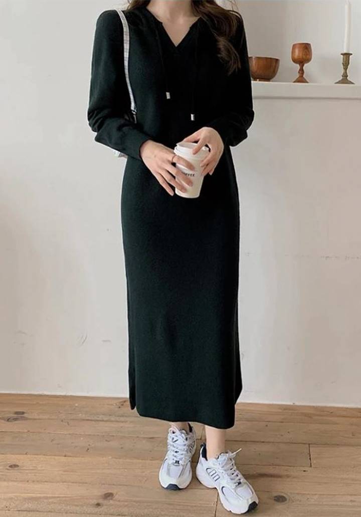 Kapşonlu Fitilli Triko Basic Elbise (Siyah) - 3