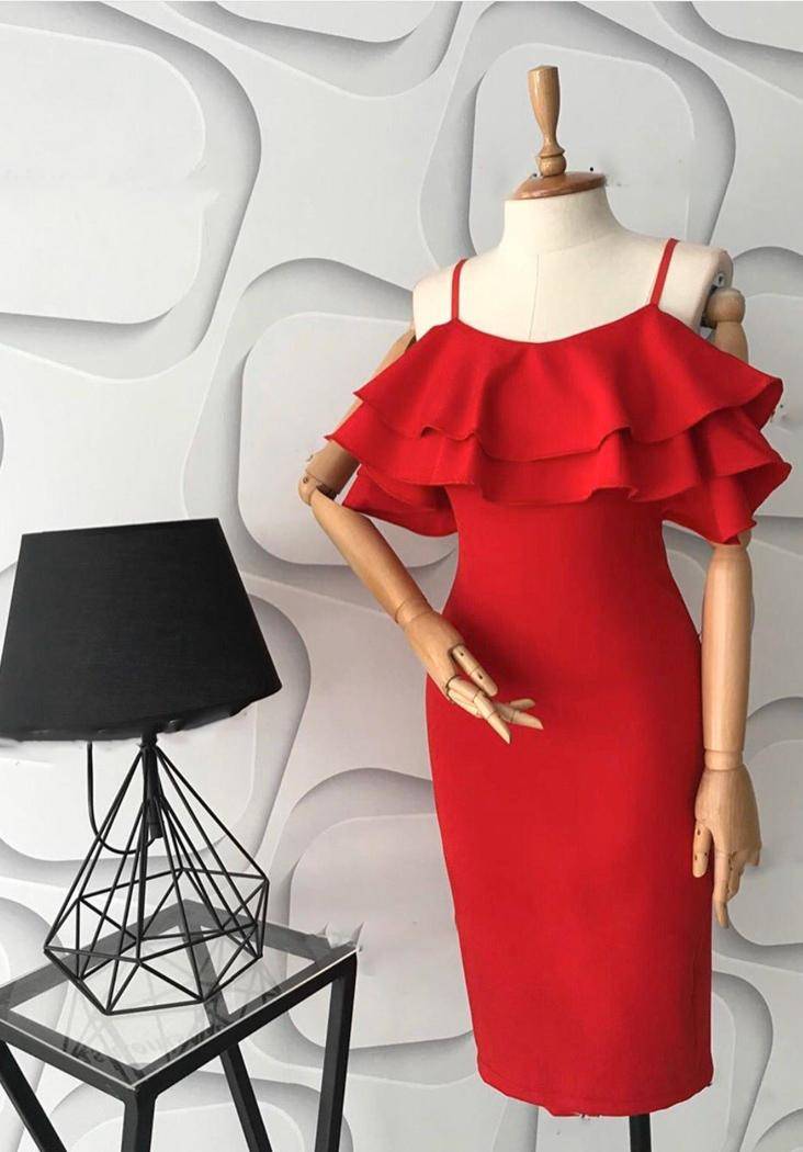 Kırmızı ip askılı tasarım kalem elbise - 3