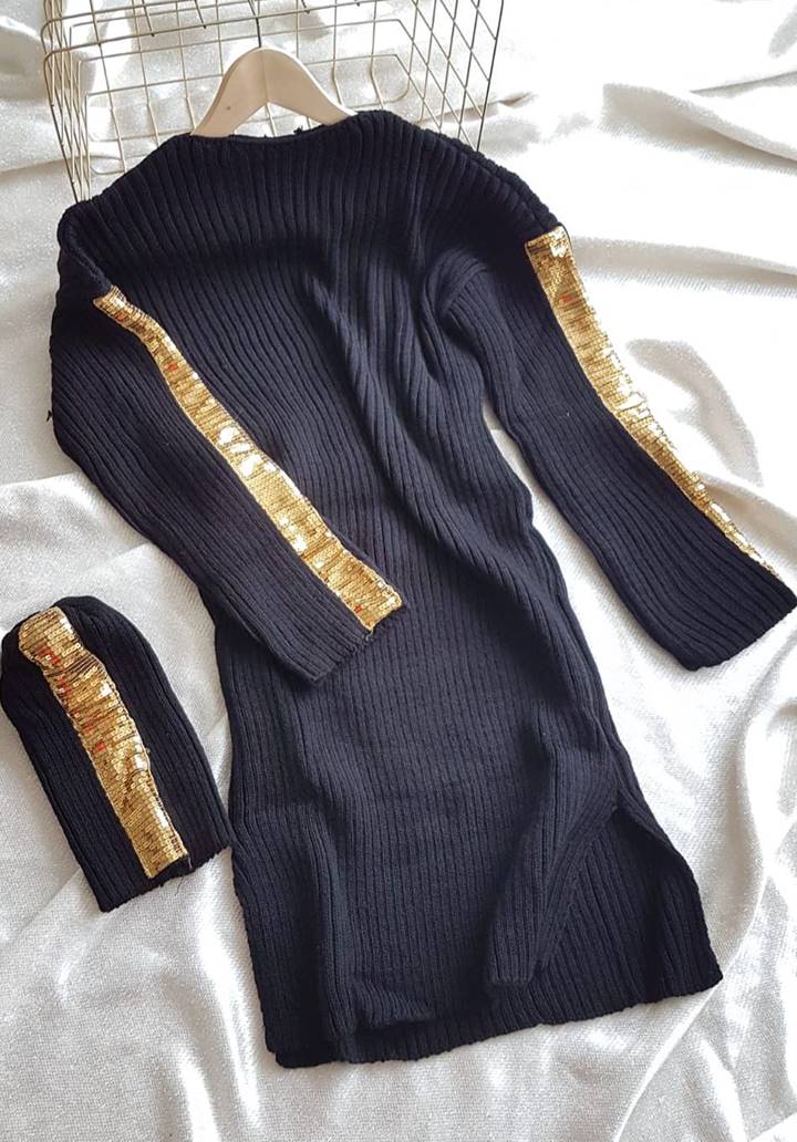Kolları payet şeritli triko elbise bere takım(siyah) - 5
